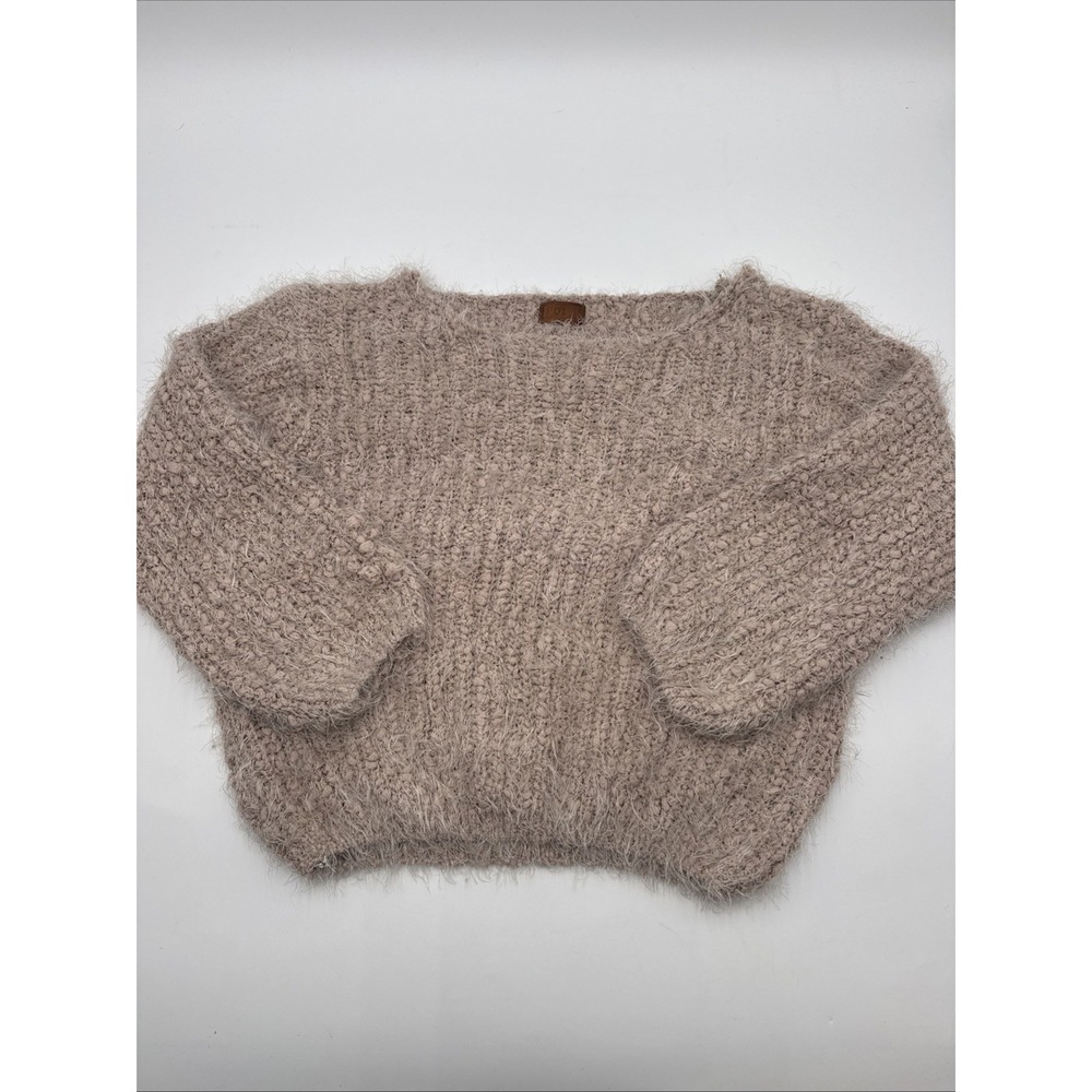 POL Womens Boat Neck Eyelash Knit Oversized Cropped Sweater Cream/Mauve Size M